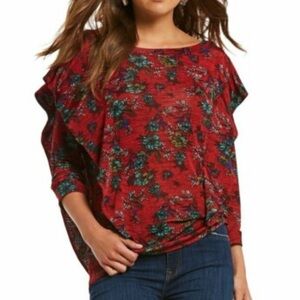 Free People Dock Street Red Floral Print Ruffle 3/4 Sleeve missing sz tag -XS